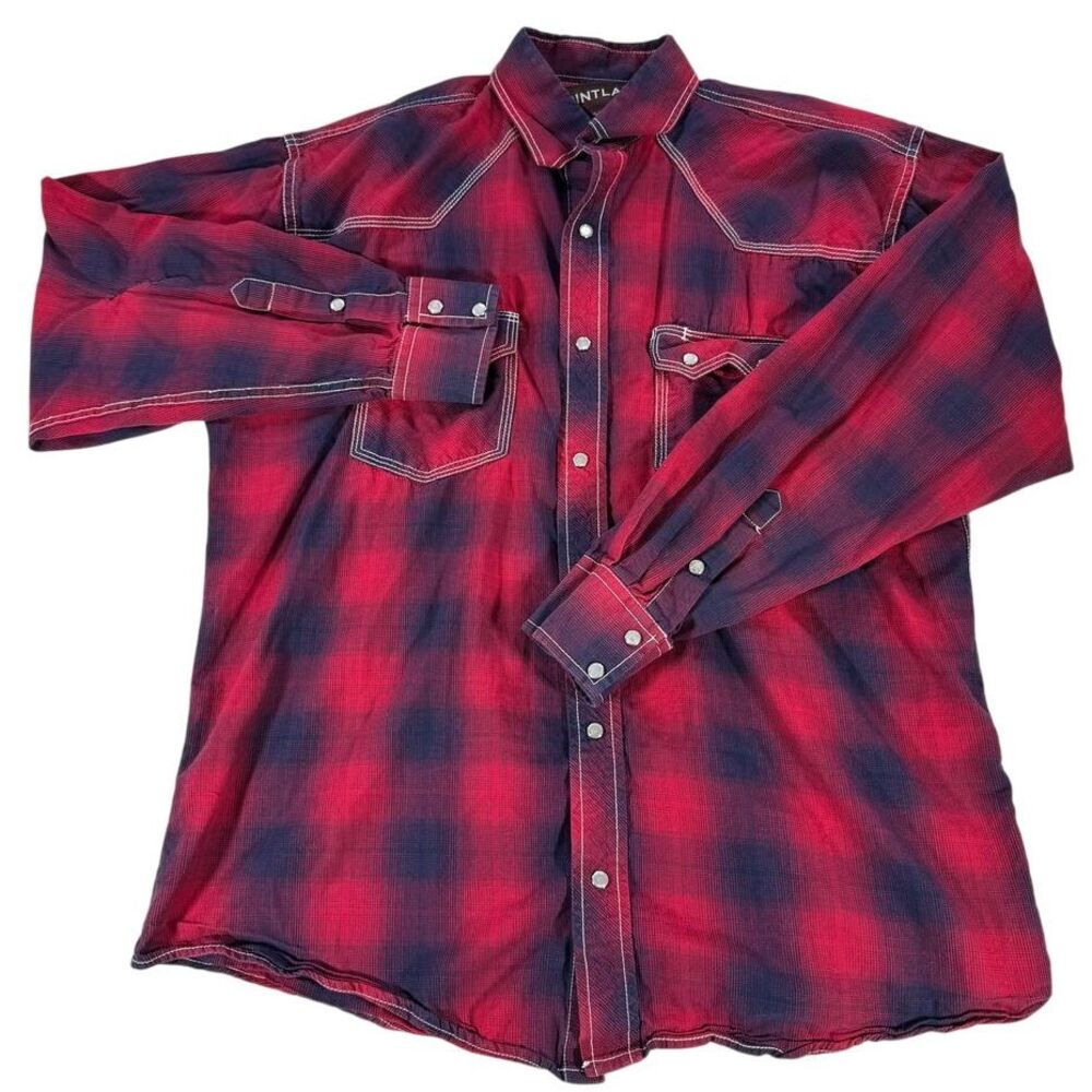 Pintlar Western Plaid‎ Snap Button Shirt Red Navy Contrast Stitching - Large